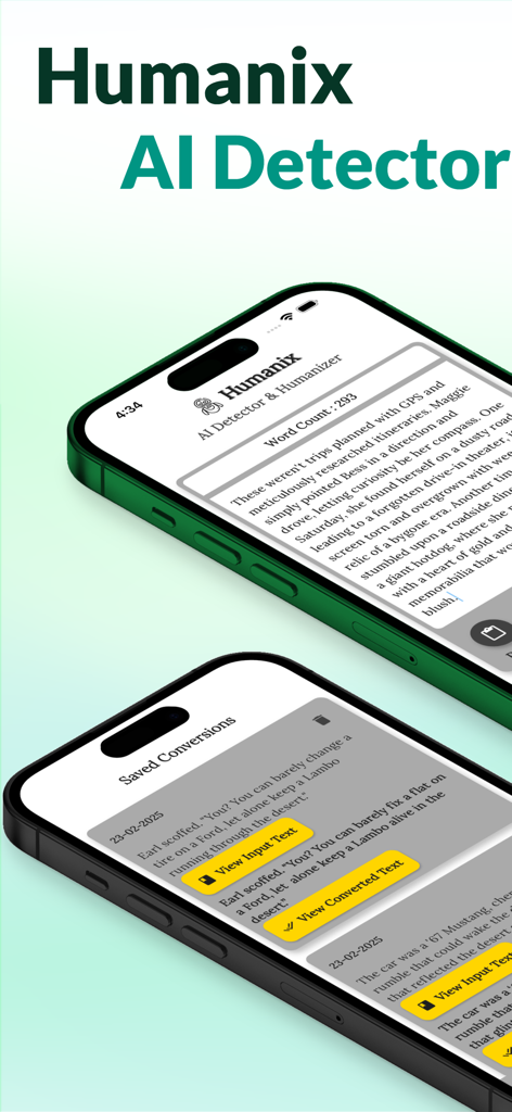 AI Detector & Humanizer Pro - Mobile app interface for Humanix AI Detector and Humanizer Pro showing text analysis and saved conversions on iPhone screens.