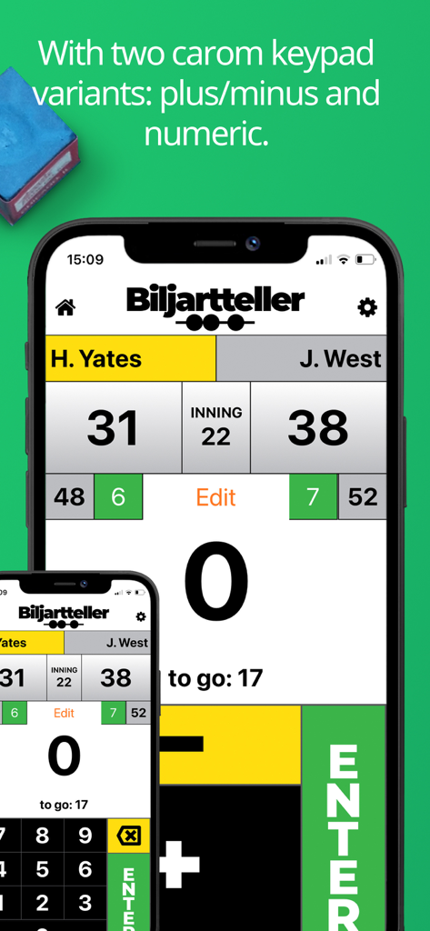Interfaz de la aplicación Biljartteller mostrando variantes de teclado numérico y de +/- para rastrear puntuaciones de billar carambola.