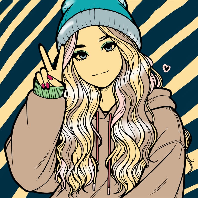a teenage girl in a beanie, oversized sweatshirt, wavy long hair, and is showing a ✌️