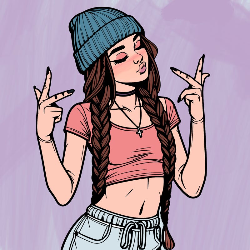 realistic teenage girl with braids and a beanie and crop top doing 🫶🏼