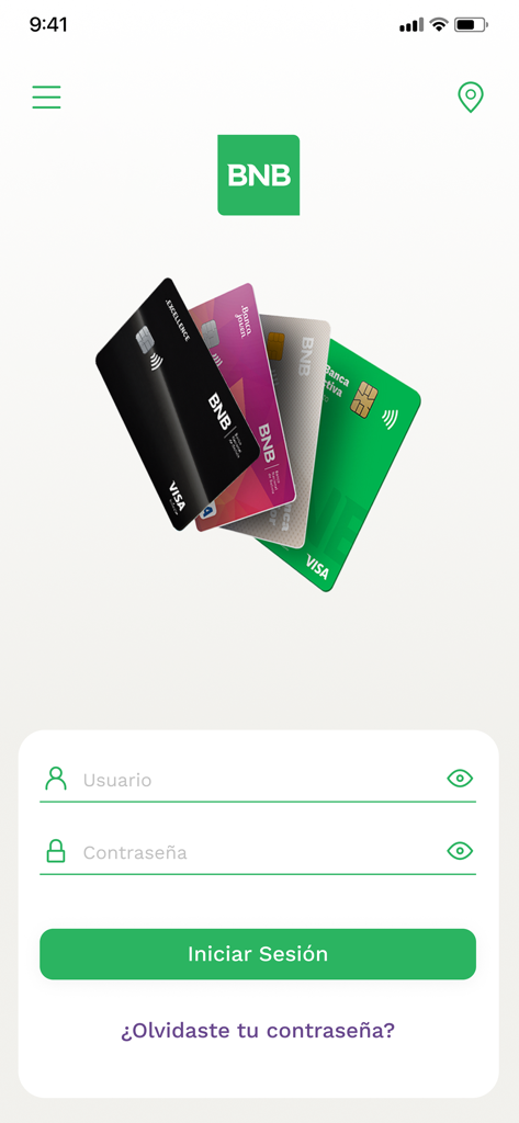 BNB Movil Anmeldebildschirm mit Kreditkarten der Banco Nacional de Bolivia