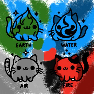 4 cats that represent the different elements, earth, water, air, and fire