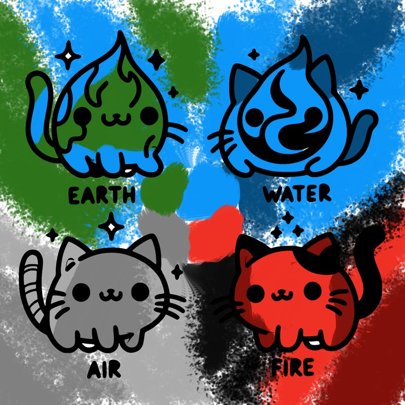 4 cats that represent the different elements, earth, water, air, and fire