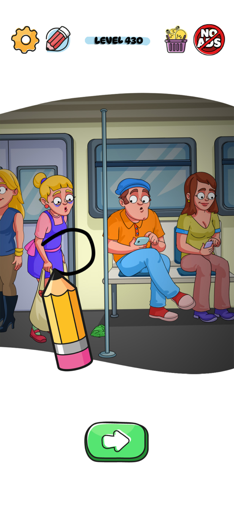 A cartoon puzzle level in Draw Puzzle showing characters on a subway train with a pencil drawing a circle