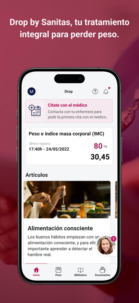 Interfaz de la aplicación Drop by Sanitas que muestra monitorización del IMC y programación médica