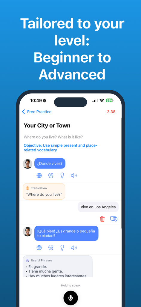 Flowo AI app screen showing a Spanish conversation practice session with translations and useful phrases for different levels.