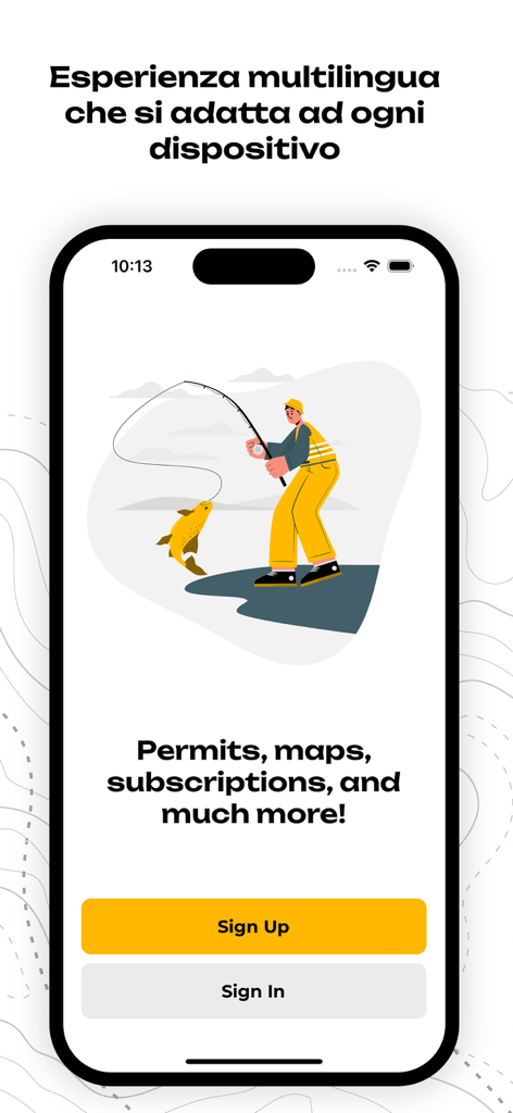 SpotFish - Fishing Spots - SpotFish app welcome screen featuring an illustration of an angler and buttons to sign up or sign in