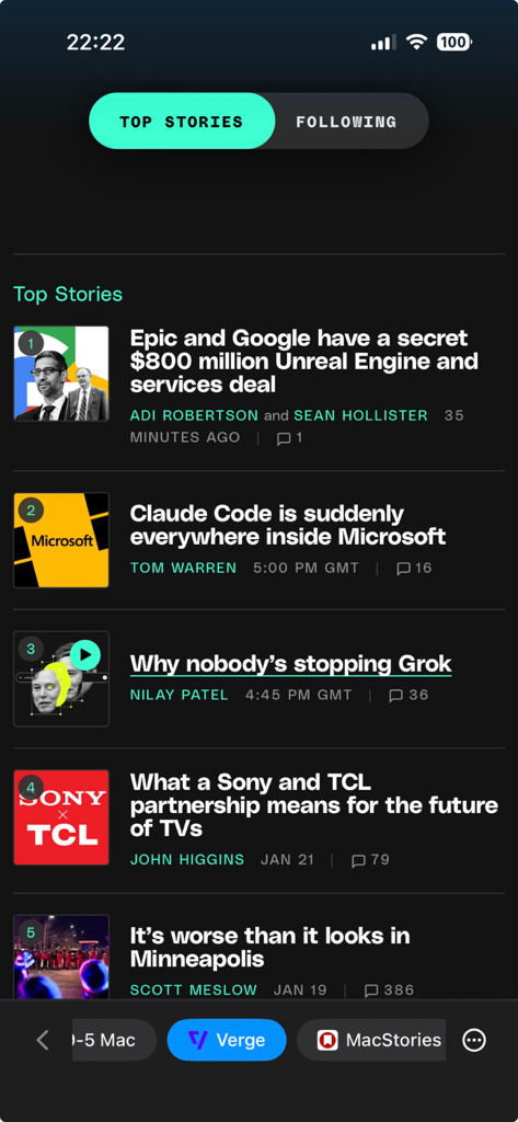 Favorites Private Browser - Favorites Private Browser interface showing a news feed from The Verge with quick access tabs at the bottom.