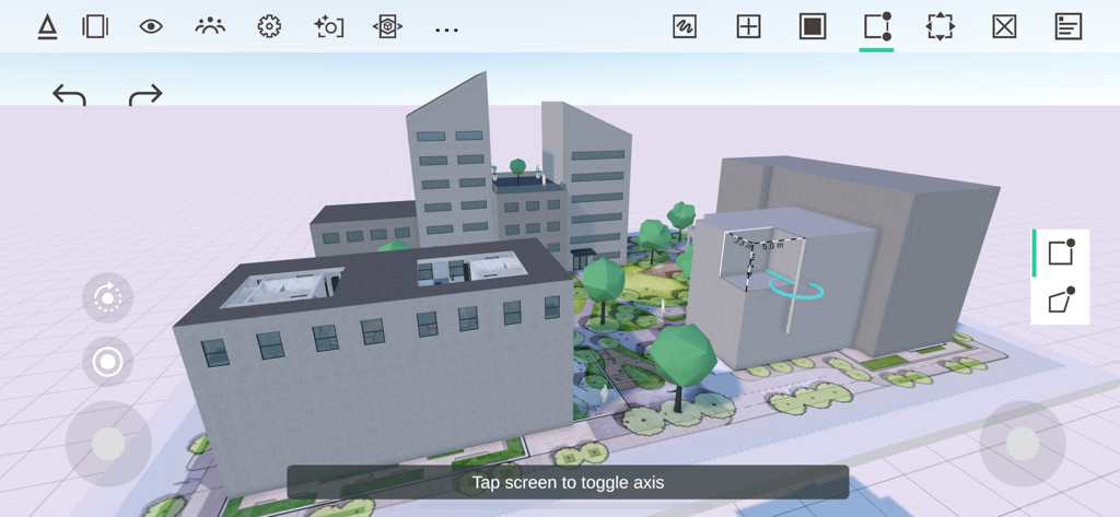 Arkio - 3D architectural model of an urban block with buildings and green spaces in the Arkio design app interface