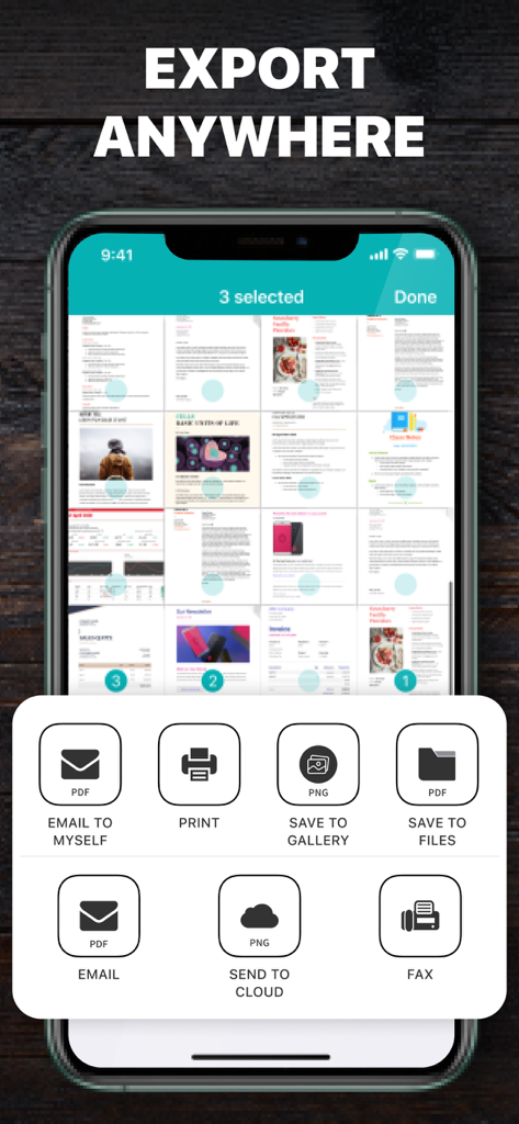 Scanner PDF 앱 인터페이스에서 이메일, 팩스, 클라우드 저장소와 같은 문서 내보내기 옵션을 보여주는 모습