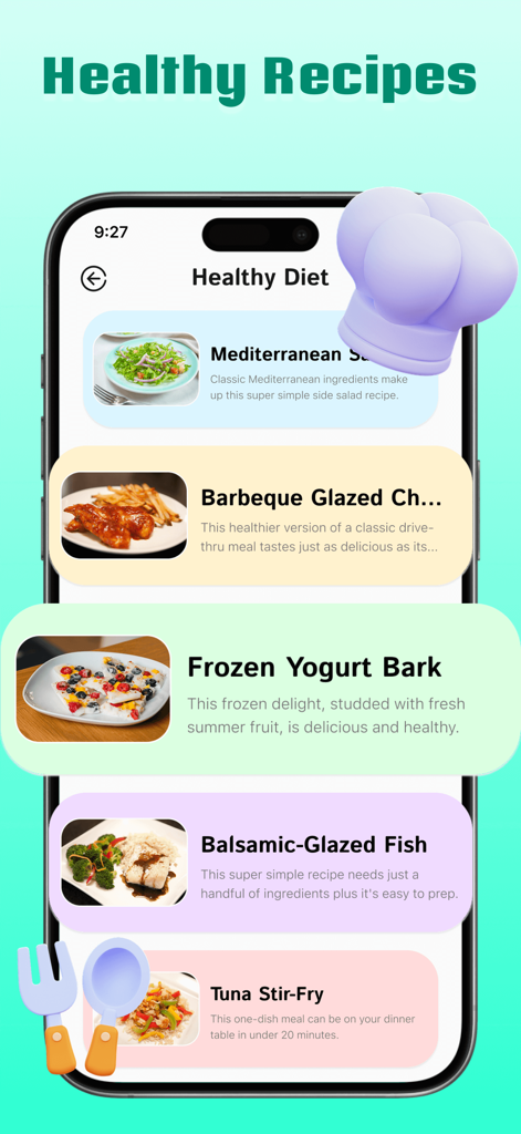 Blood Sugar Master-AI Monitor - A mobile screen showing healthy diet recipes like Mediterranean Salad and Frozen Yogurt Bark within the Blood Sugar Master app
