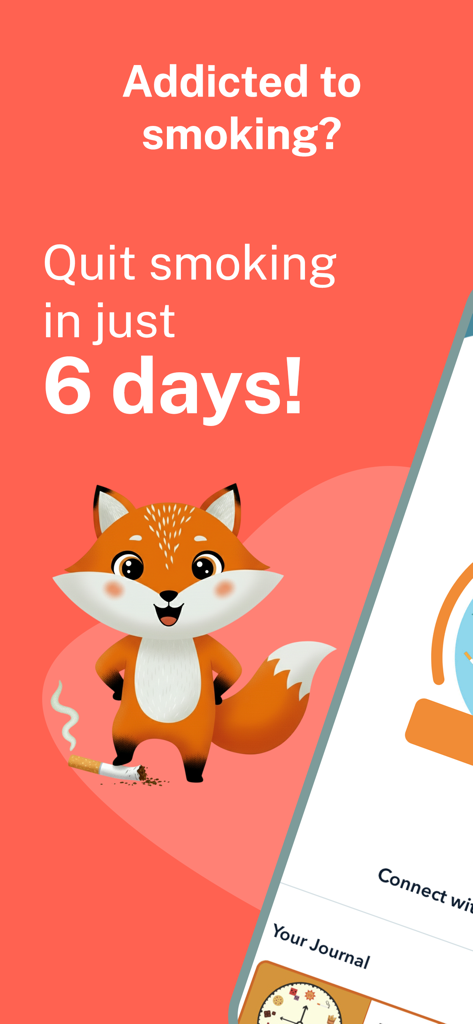 QuitSure Quit Smoking & Vaping - Mascote da raposa do aplicativo QuitSure com o texto do desafio de parar de fumar em 6 dias