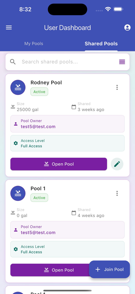 Painel do usuário do aplicativo Pool Chem Calculator mostrando gerenciamento de piscina compartilhado e informações do proprietário
