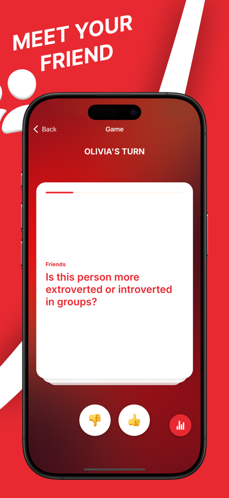365 Hot: Deep conversations - Pantalla de smartphone que muestra una pregunta rompehielos temática de amistad en la aplicación 365 Hot sobre ser extrovertido o introvertido.