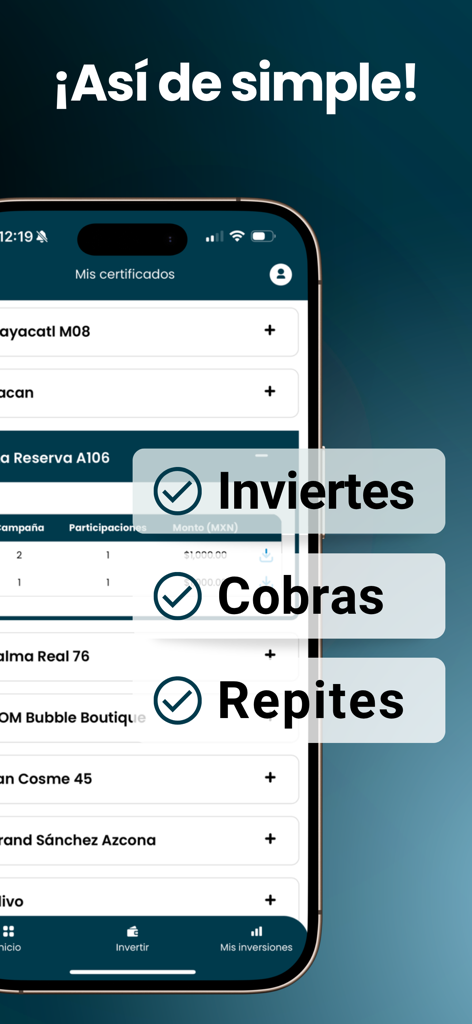 Monific - Smartphone screen of the Monific app highlighting the simple steps to invest collect and repeat in real estate