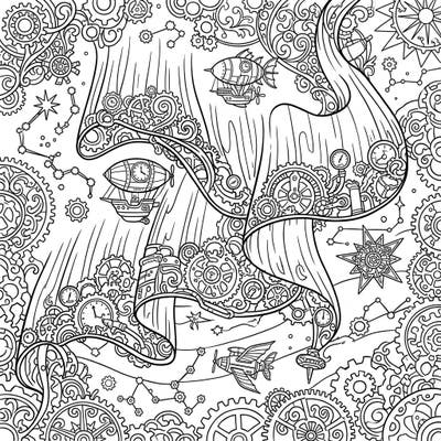 Dive into a mesmerizing world where the ethereal beauty of auroral curtains meets the intricate mechanics of steampunk. This detailed coloring page invites you to bring a fantastic sky filled with gears, airships, and celestial wonders to life with your unique palette.