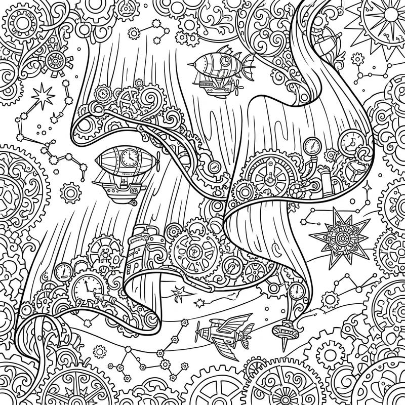 Dive into a mesmerizing world where the ethereal beauty of auroral curtains meets the intricate mechanics of steampunk. This detailed coloring page invites you to bring a fantastic sky filled with gears, airships, and celestial wonders to life with your unique palette.