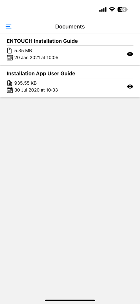 Screen displaying a list of available installation guides and user manuals for field technicians within the app