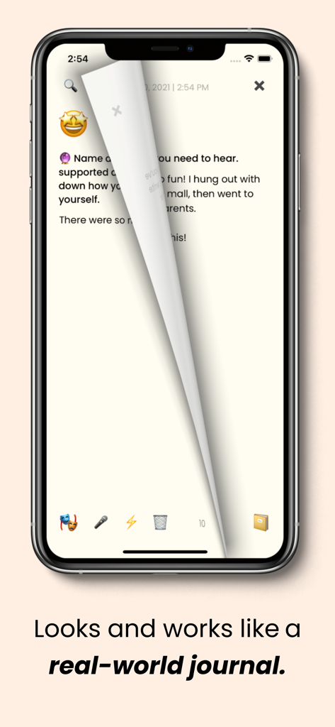 Poz Journal mobile app showing a realistic page-curl animation as the user flips through digital diary entries