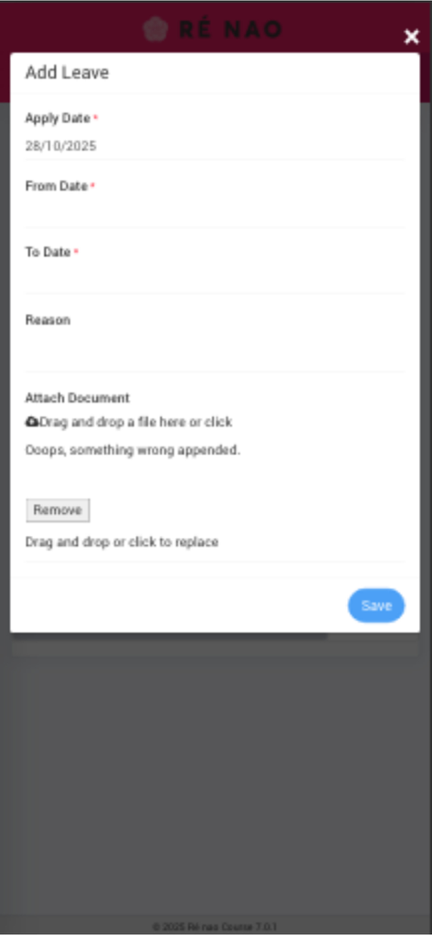 수업 결석 요청을 위한 날짜 및 사유 필드가 있는 Ré nao Platform 앱의 휴가 추가 화면.