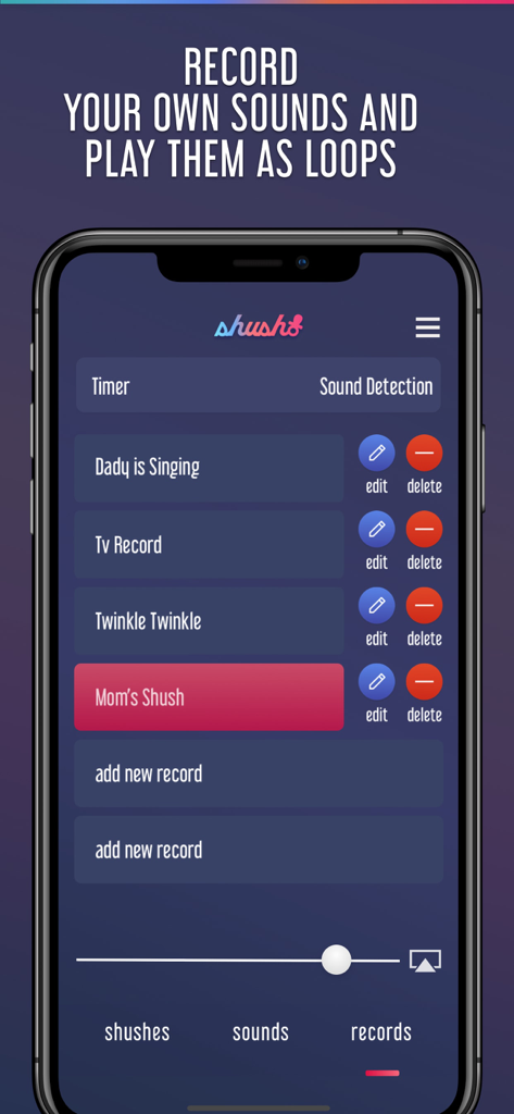 Interface of the Shush app showing a list of custom voice recordings like Moms Shush and Twinkle Twinkle to soothe a baby.