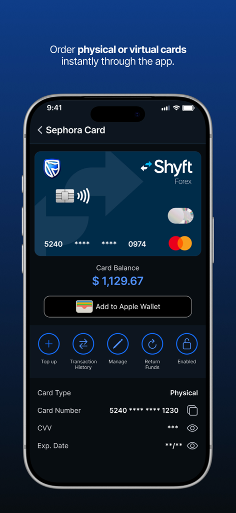 Shyft app interface showing a multi-currency physical card with balance and management options.