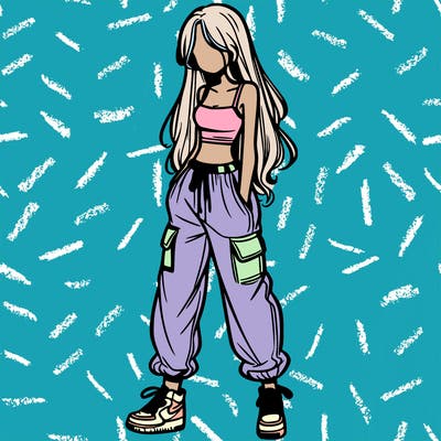 girl in baggy pants crop top and long hair