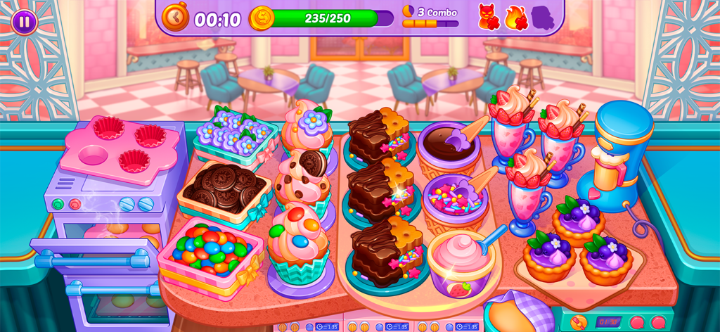 Cooking Crush Cooking Games - Gameplay screenshot of a colorful bakery level in Cooking Crush showing cupcakes, brownies, and parfaits.