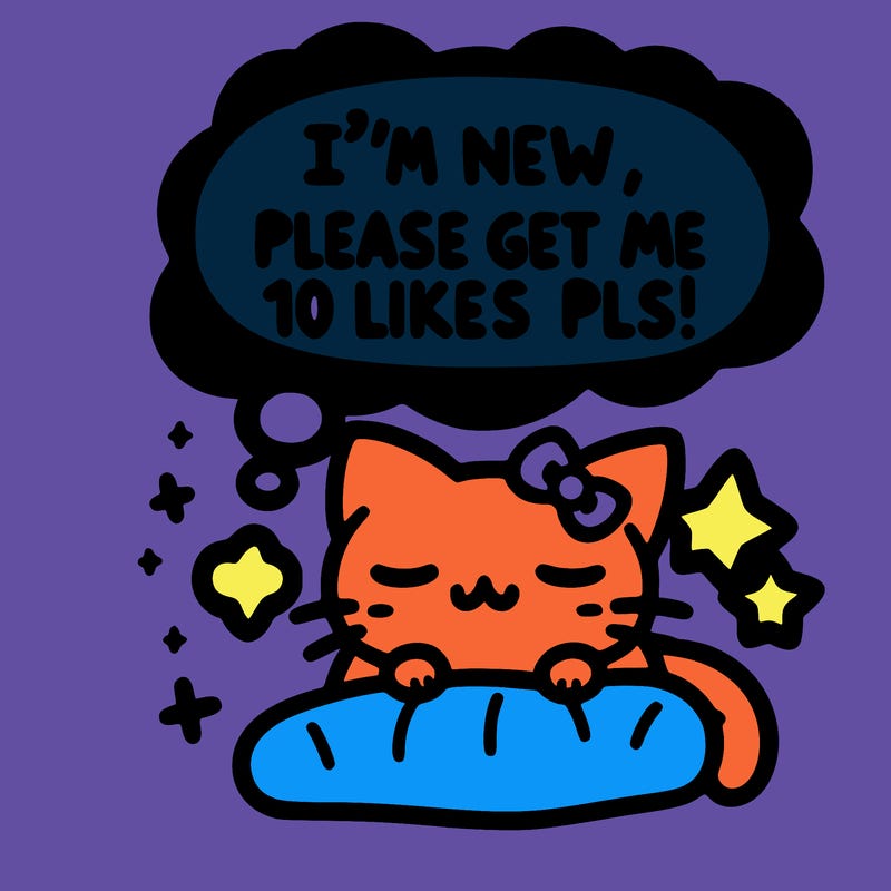 kitty taking a nap dream talking and saying "i'm new, please get me at least 10 likes pls!!"
