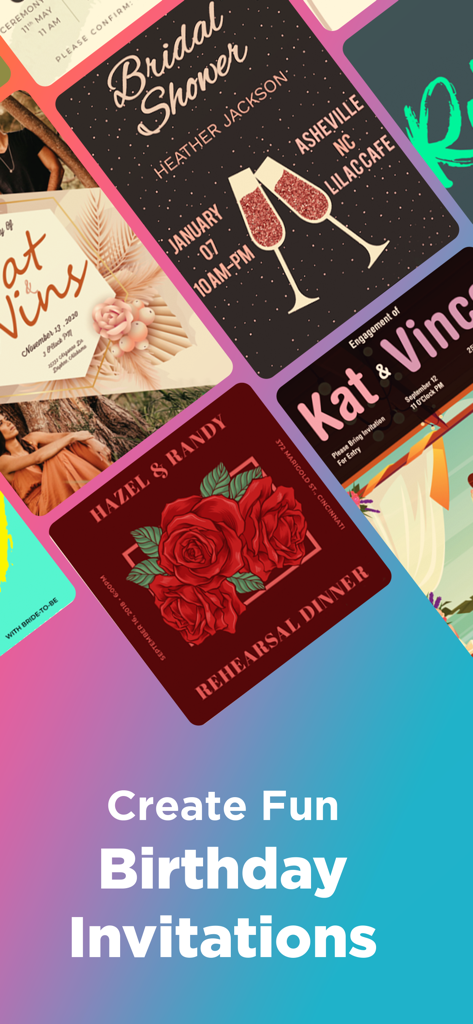 A variety of professional invitation templates for bridal showers, rehearsal dinners, and birthday parties.