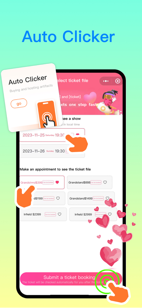 Auto Clicker - Automatic Click - 自動チケット予約を実演するAuto Clickerアプリのインターフェイスをモバイルデバイスで表示。