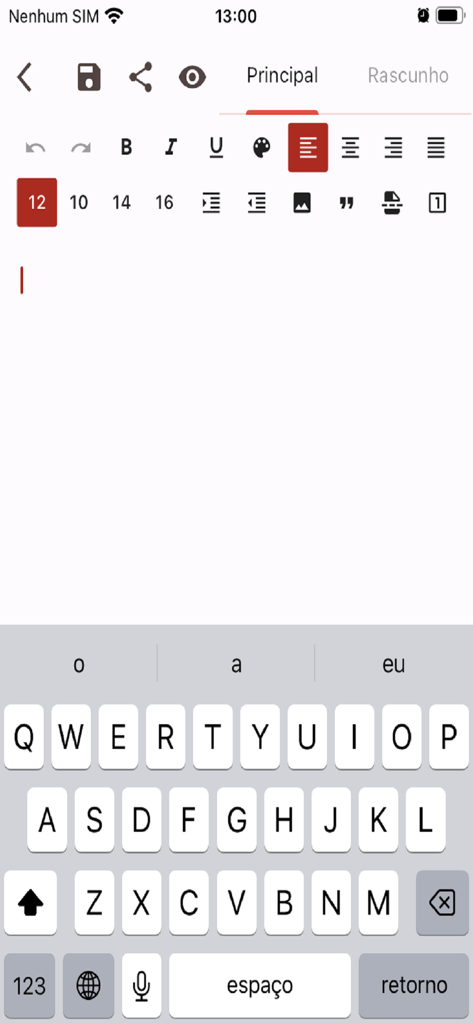 Interface of a mobile text editor app showing formatting tools and a virtual keyboard for creating PDF documents