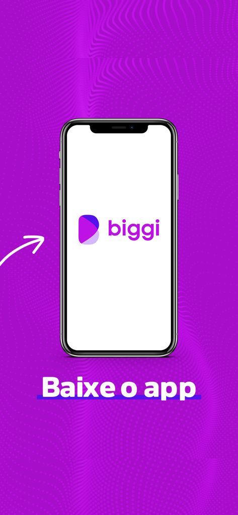 Biggi Delivery - Smartphone mostrando el logo de Biggi Delivery con el texto Baixe o app sobre un fondo morado