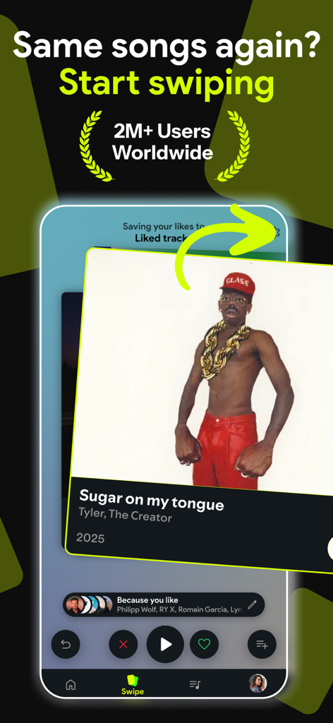 Swipefy app interface showing a music card for Tyler The Creator with a swipe right gesture for song discovery
