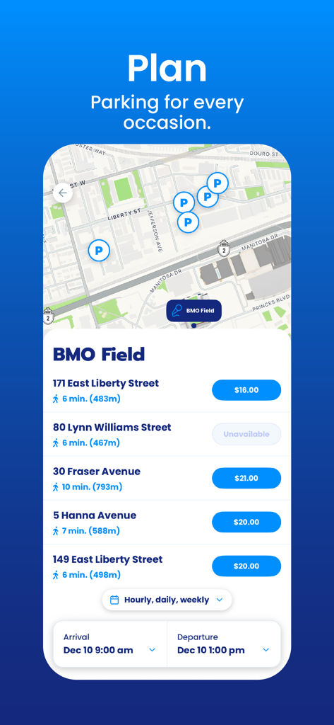 Une interface mobile montrant une carte des places de stationnement et une liste des espaces disponibles avec les prix et les distances de marche à proximité du BMO Field.