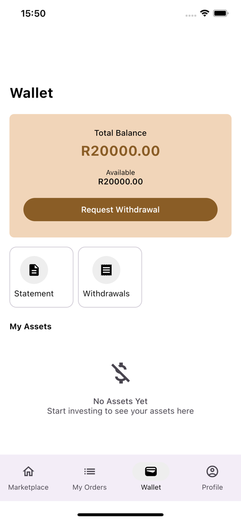 Livestock Wealth - Wallet screen of the Livestock Wealth app displaying balance and investment options