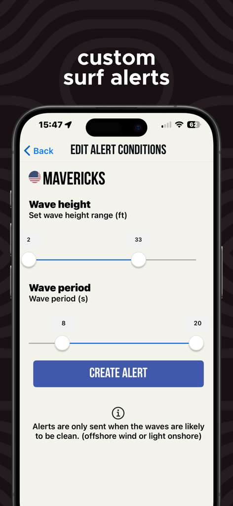 Custom surf alerts setup screen for Mavericks in the Surf-Forecast app