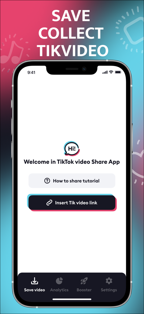 The main interface of the SavTok app displaying a button to insert a video link and options to save and collect content.