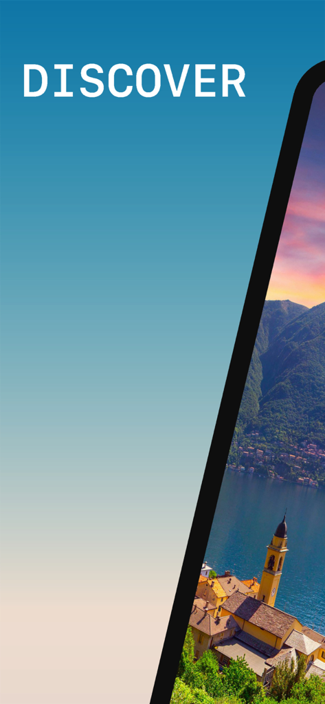 Discover screen of the Lake Como travel guide app showing a scenic lakeside village at sunset