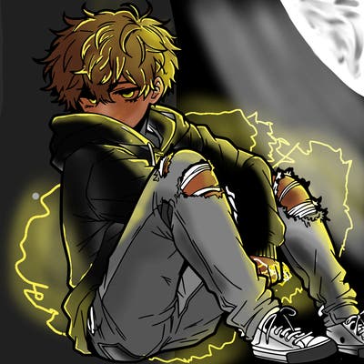 a male hoddie ripped jeans messy hair anime