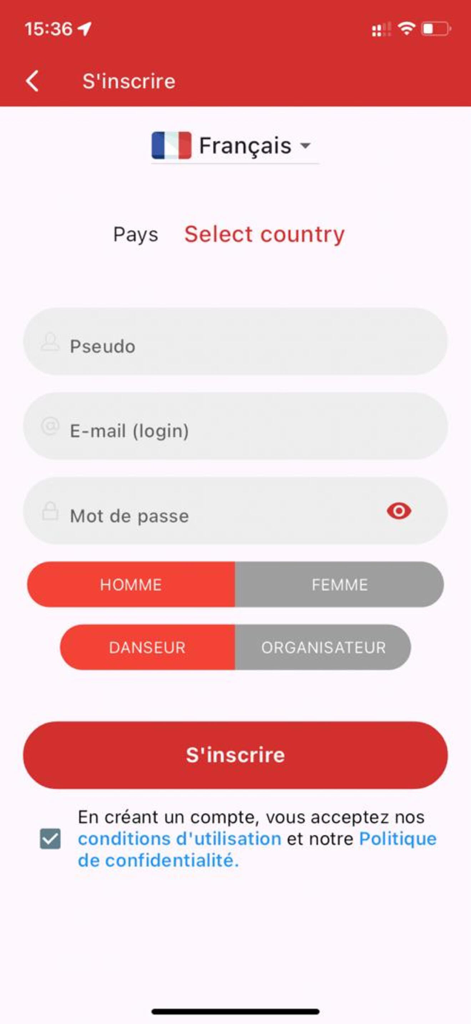 KizZy - Registration screen for the KizZy app with options to sign up as a dancer or organizer