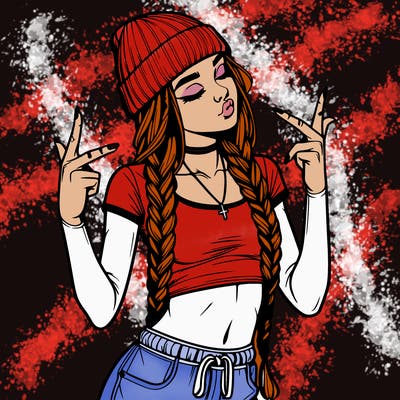 realistic teenage girl with braids and a beanie and crop top doing 🫶🏼
