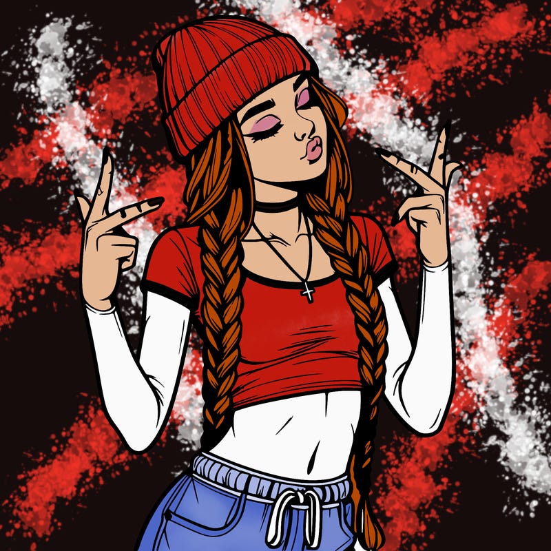realistic teenage girl with braids and a beanie and crop top doing 🫶🏼