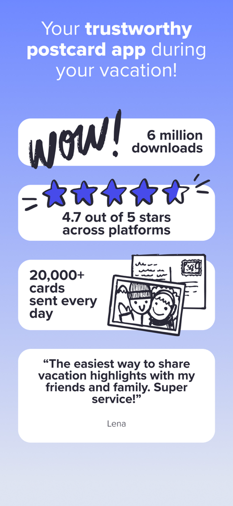 Écran promotionnel de l'application MyPostcard affichant sa note de 4,7 étoiles et ses 6 millions de téléchargements.