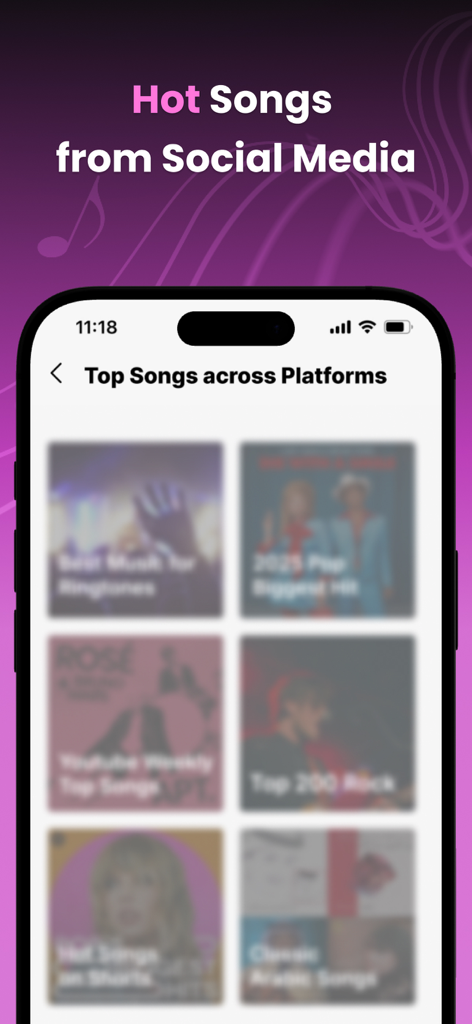 The Ringtoner Create Ringtones - iPhone app screen showing trending hot songs from social media platforms for custom ringtones