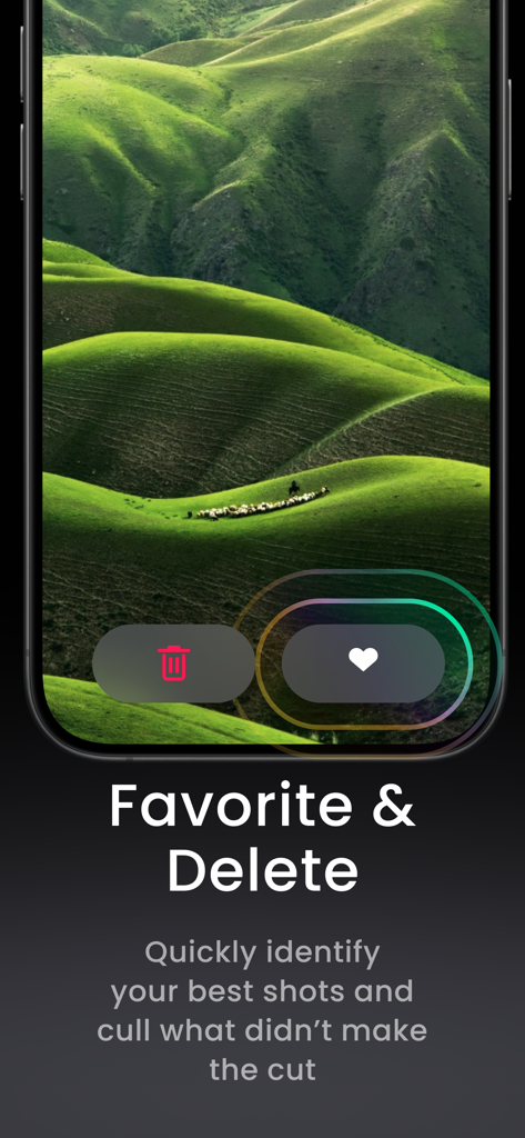 Photon Studio - Interfaz de la aplicación Photon Studio mostrando los botones de favorito y eliminar para una selección eficiente de fotos durante sesiones fotográficas profesionales
