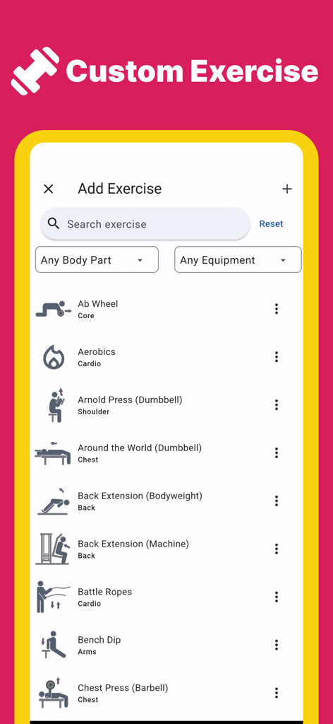 FitFit Workout Planner Tracker - FitFitアプリのインターフェース、部位と器具のフィルターを使用してワークアウトプランにカスタムエクササイズを検索して追加