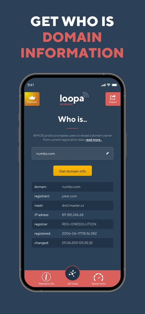 Network Analyzer Master: Loopa - Interface de l'outil de recherche d'informations WHOIS sur un domaine dans l'application Loopa Network Analyzer.