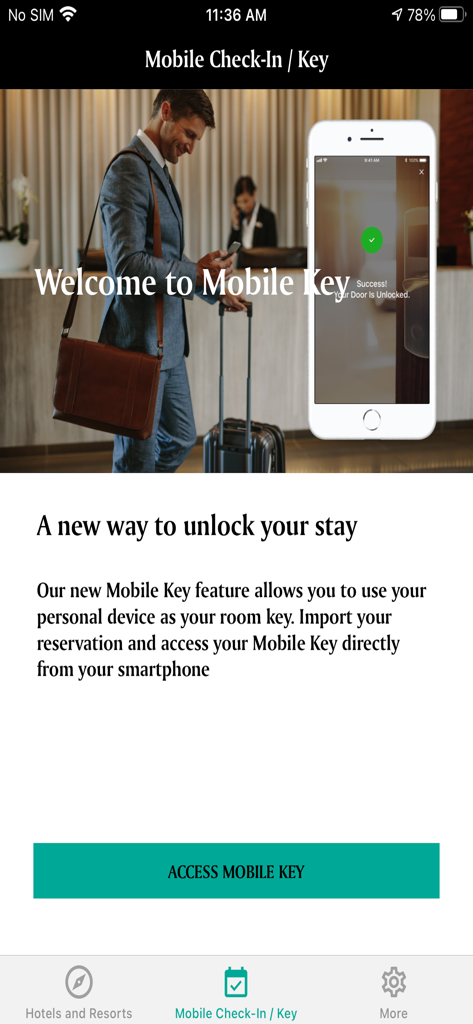 Crystalbrook - Pantalla de la aplicación Crystalbrook que demuestra la función de check-in móvil y llave digital para acceso sin contacto a la habitación del hotel