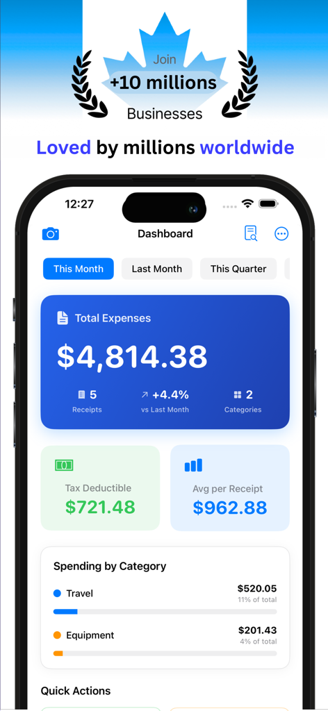 Expense Tracker – AI Powered - Smartphone exibindo o painel do aplicativo Expense Tracker com um resumo de despesas totais e deduções fiscais.